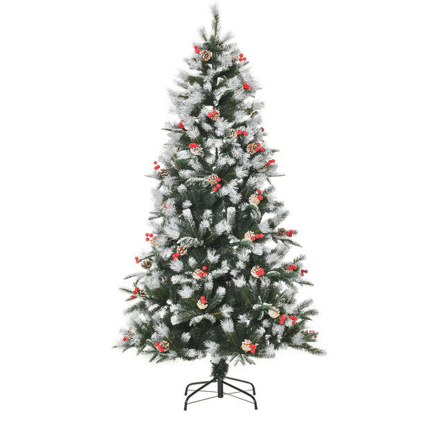 6ft snow-dipped green Christmas tree decorated with red berries and white pine cones