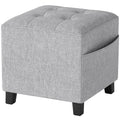Square Footstool, Small Ottoman with Side Pocket, Linen Fabric Footrest Foot Stool with Rubber Wood Legs and Padded Seat for Living Room, Bedroom, Entryway, 35 x 35 x 35cm, Light Grey
