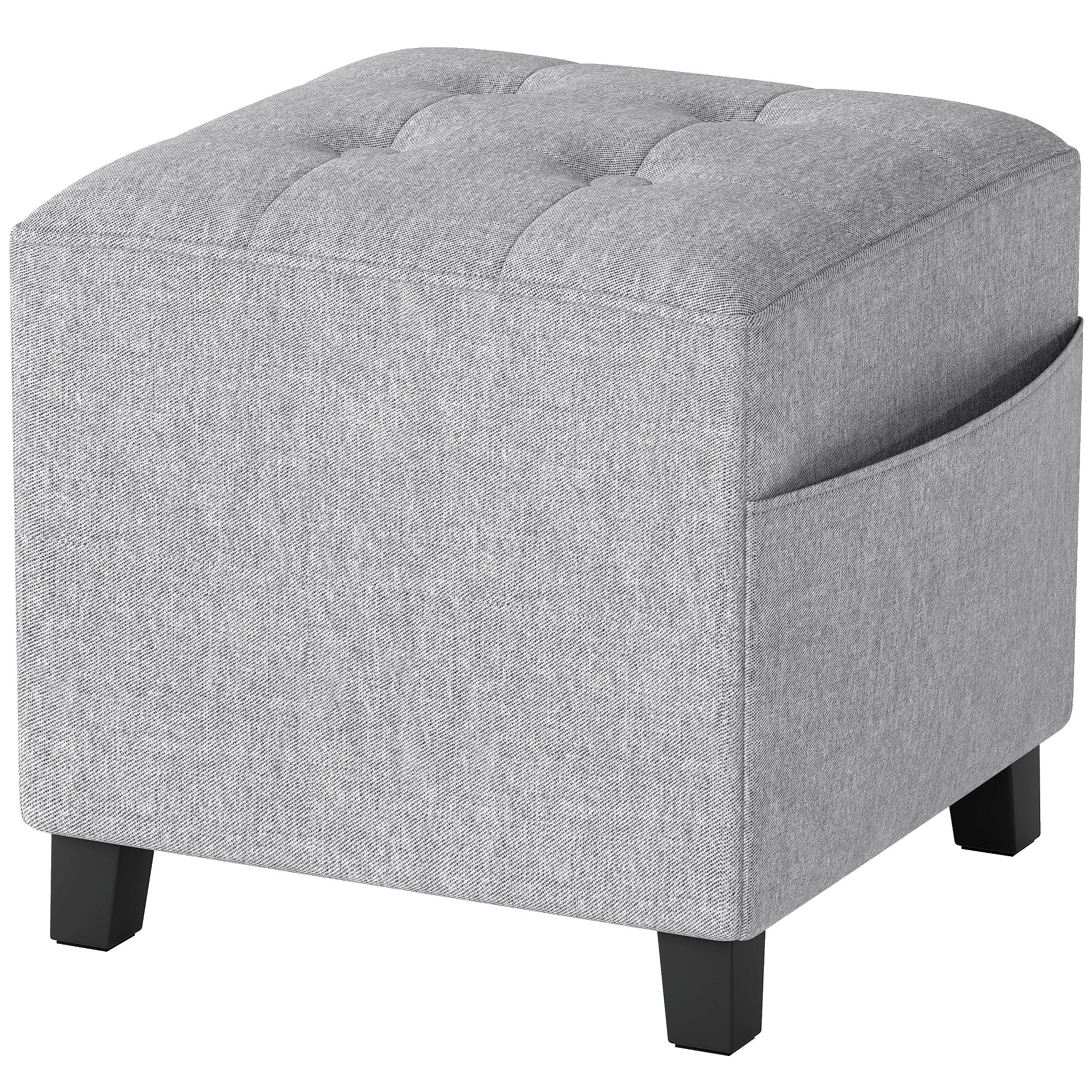Square Footstool, Small Ottoman with Side Pocket, Linen Fabric Footrest Foot Stool with Rubber Wood Legs and Padded Seat for Living Room, Bedroom, Entryway, 35 x 35 x 35cm, Light Grey