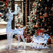 Silver Reindeer and Sleigh Christmas decoration illuminated outside a decorated home