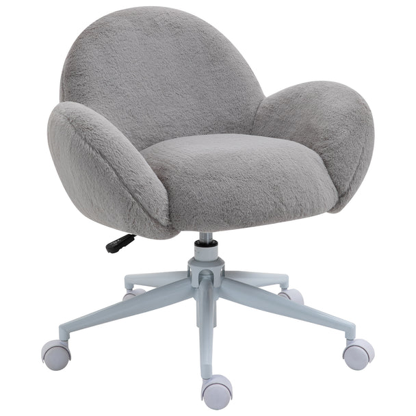 Grey fluffy faux fur tub desk chair with rounded armrests on a white five-wheel swivel base