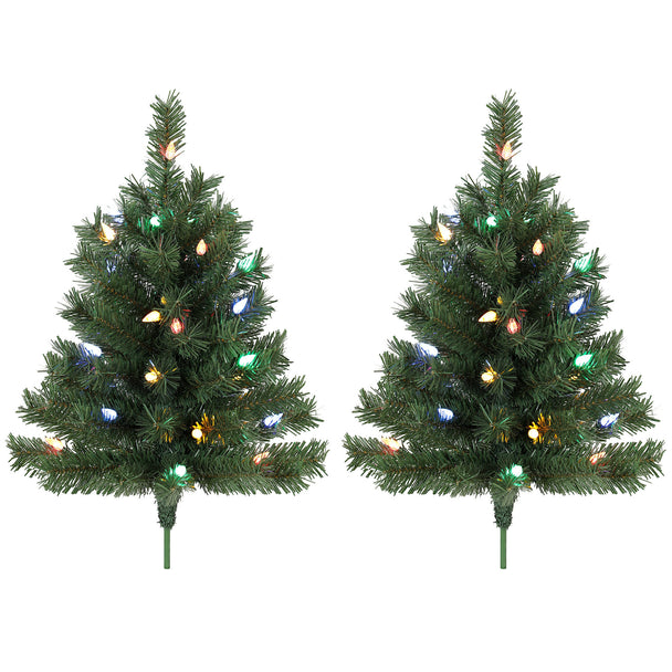 Pair of 60 cm pre-lit outdoor Christmas trees with colourful LEDs on ground stakes