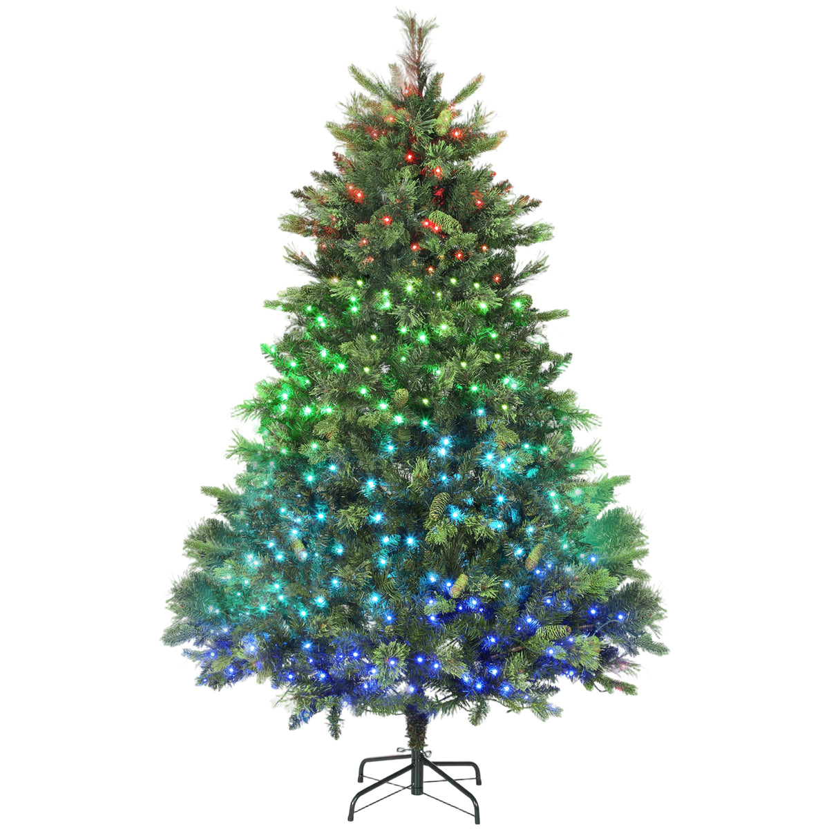 6ft pre-lit frosted pine Christmas tree with colour-changing LED lights and pine cones