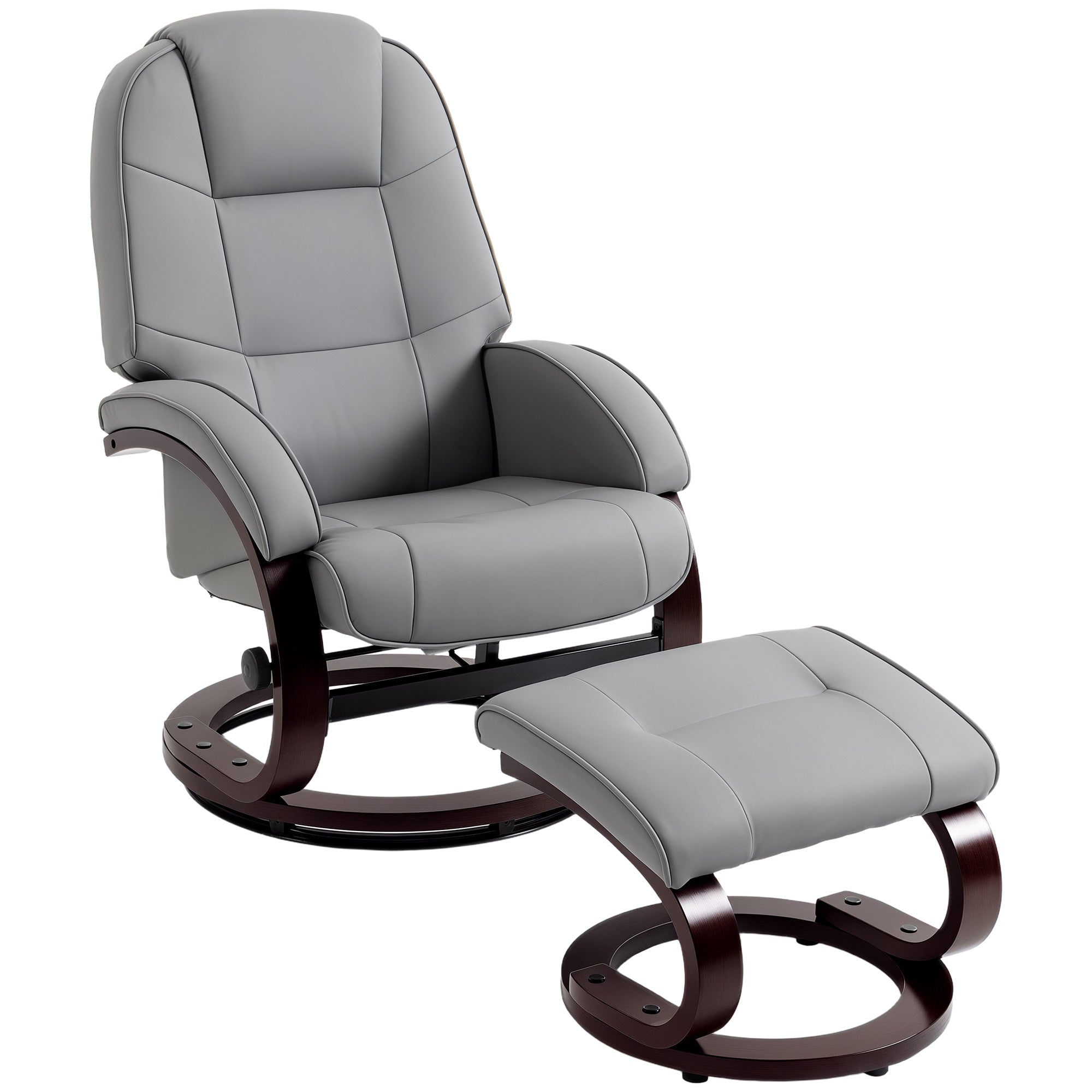 Swivel Recliner Chair with Footstool, PU Leather Recliner Armchair with Adjustable Back and Wood Frame, Grey