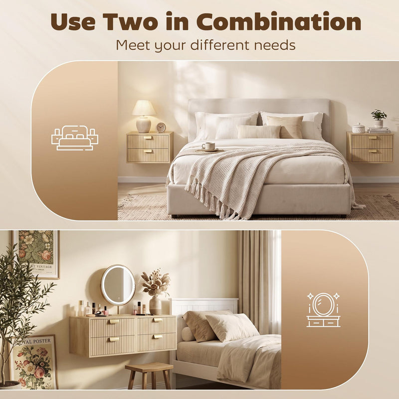 HOMCOM Modern Floating Nightstands Set of 2, Wall Mounted Bedside Tables with 2 Drawers, Oak – view 6