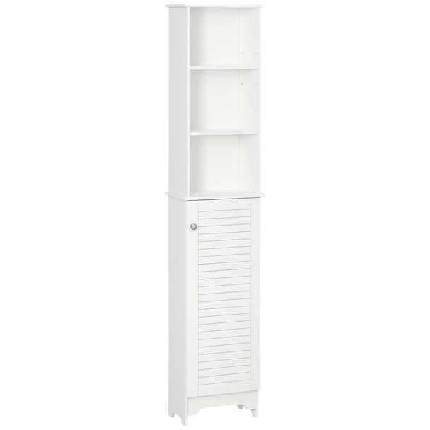 Tall slim white bathroom cabinet with three open shelves and louvred shutter door
