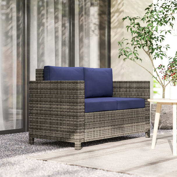 Grey & navy rattan garden sofa – image 2