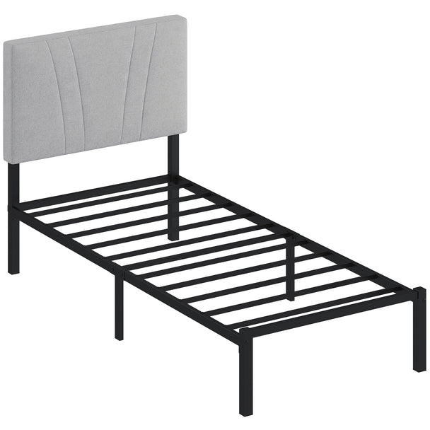 Black 3ft single metal bed frame with light grey upholstered headboard