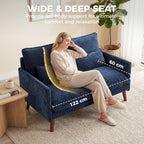 2 Seater Sofa, Loveseat Sofa with Spring Cushions, Wide and Deep Seat, Wood Legs, Blue