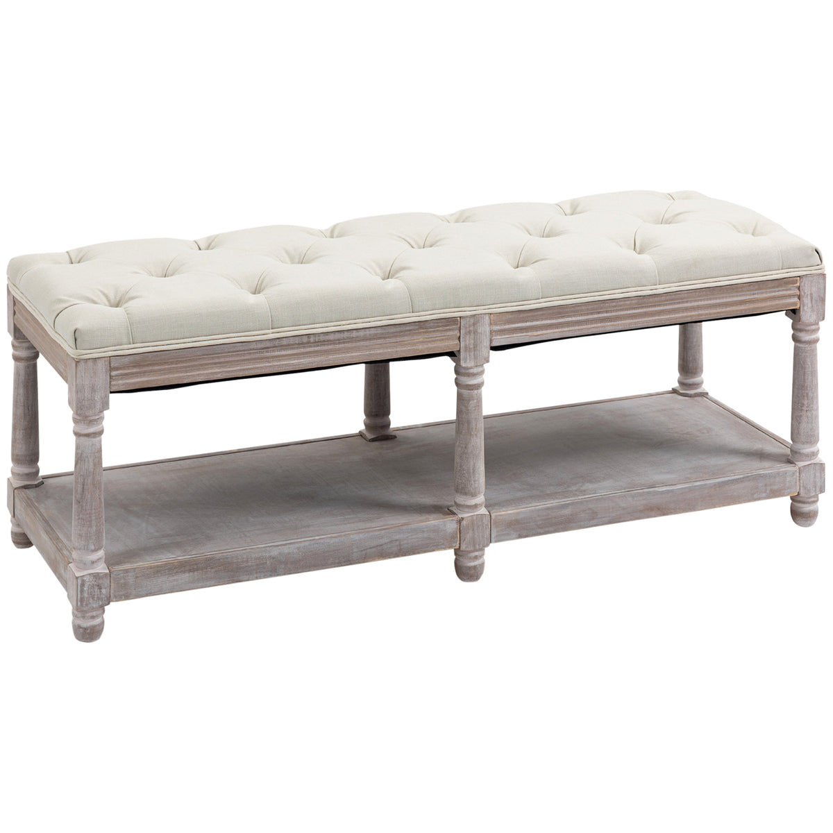 Button-Tufted Bed End Bench with Storage Shelf – Cream