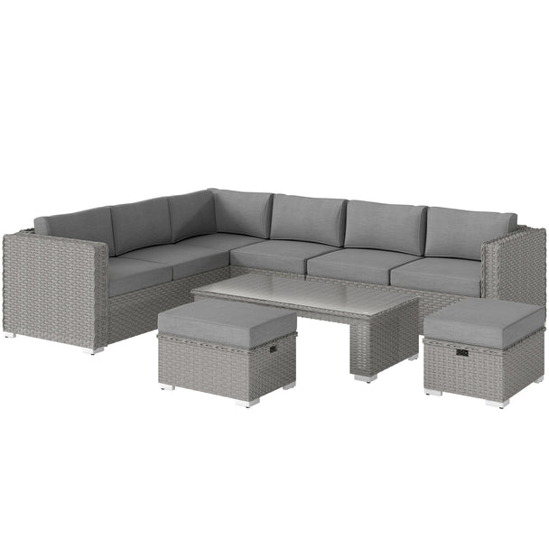 Grey 6-piece aluminium rattan corner sofa set with glass-top coffee table and two footstools