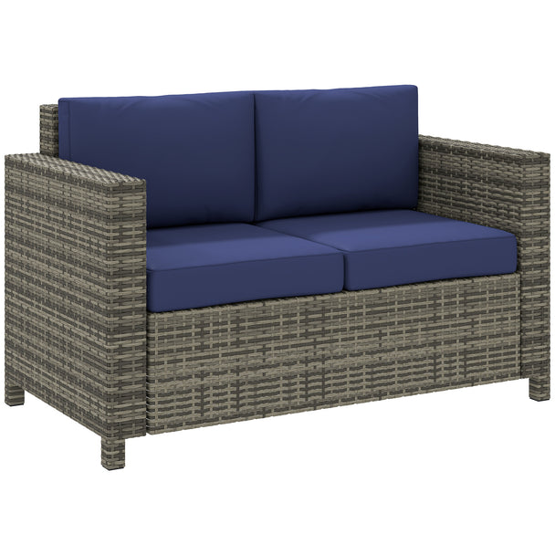 Mixed grey two-seater rattan garden sofa with navy blue cushions