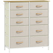 Beige 10-drawer fabric chest of drawers with side pockets, white frame and wood-effect top