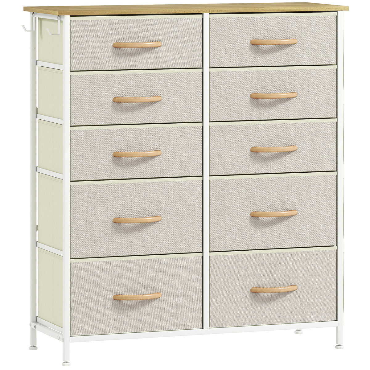 Beige 10-drawer fabric chest of drawers with side pockets, white frame and wood-effect top