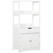 White freestanding bathroom floor cabinet with two open shelves, drawer and two-door cupboard