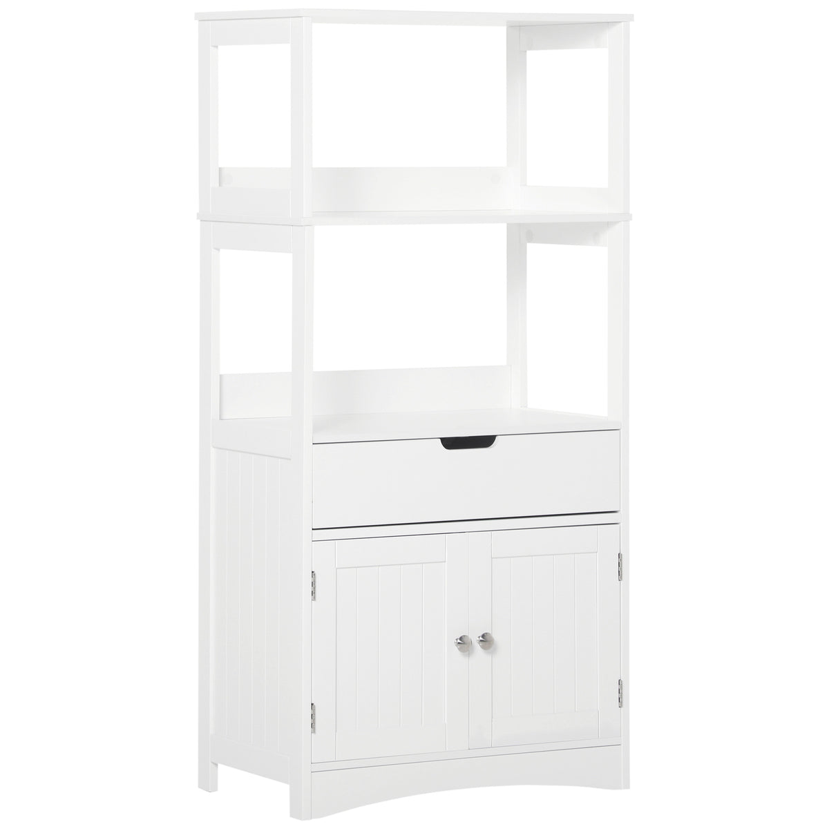 White freestanding bathroom floor cabinet with two open shelves, drawer and two-door cupboard