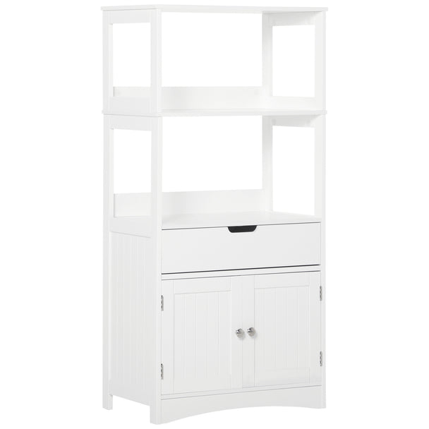 White freestanding bathroom floor cabinet with two open shelves, drawer and two-door cupboard
