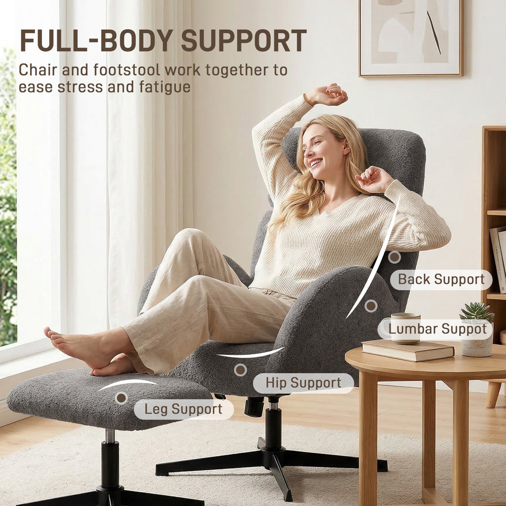 Swivel Armchair and Footstool Set, Height Adjustable Accent Chair with Adjustable Headrest, Rocking Function, Grey