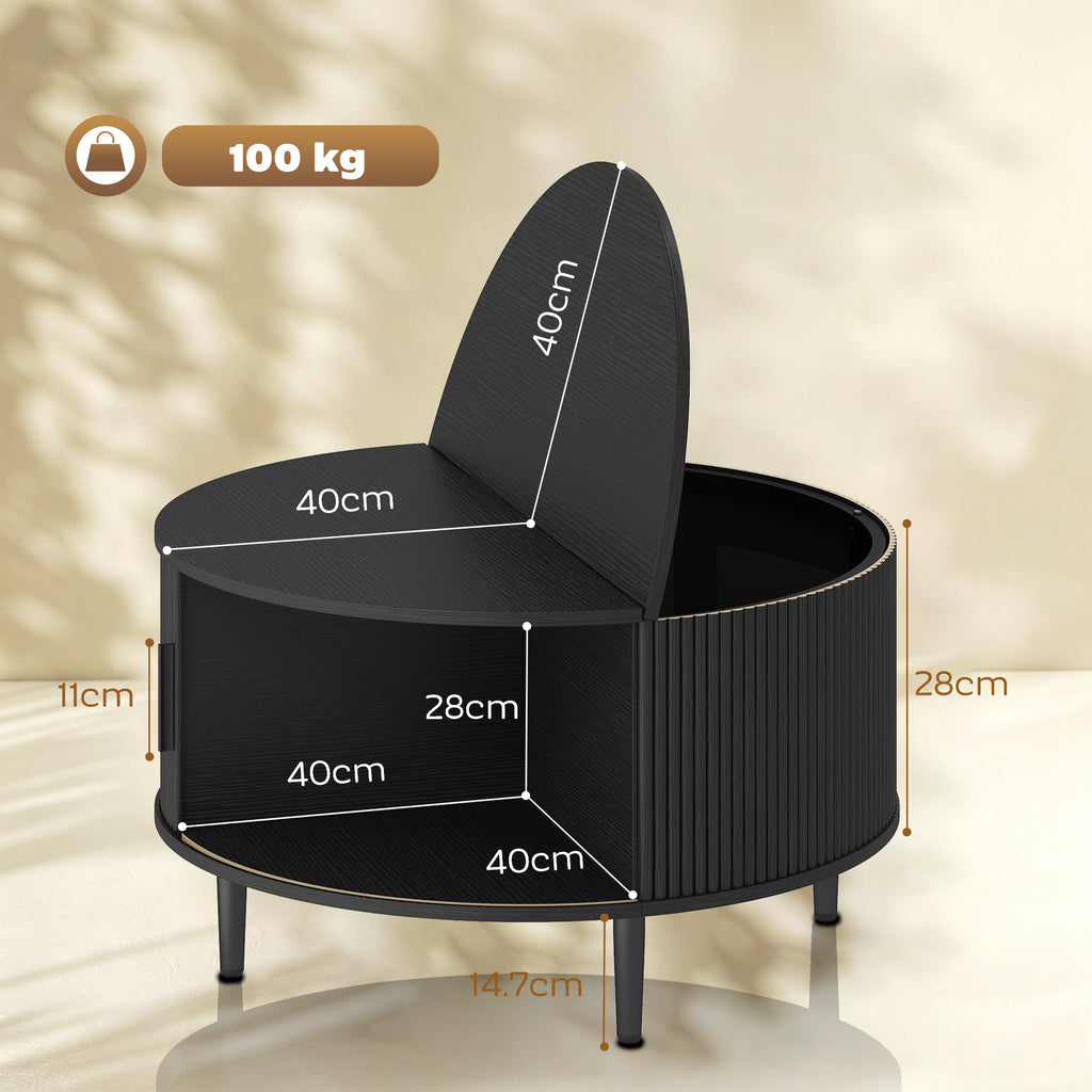 Coffee Table with Lift Top and Hidden Storage, Round Centre Table with Fluted Sliding Door, 80 cm, Black Wood Effect