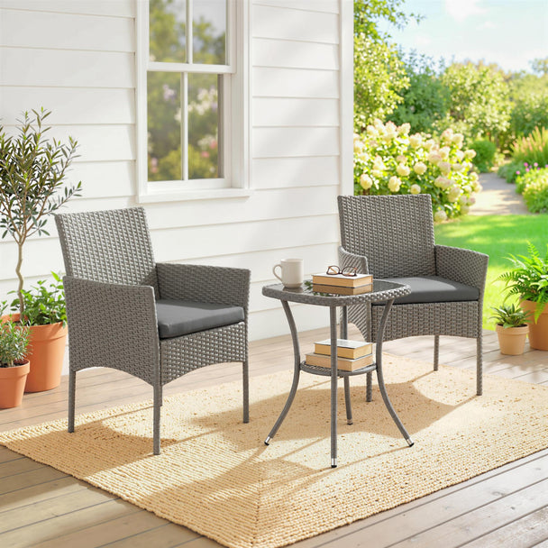 Outsunny 3 Piece Rattan Bistro Set, PE Wicker Garden Furniture Conversation Set with 2 Tier Glass-Top Table, Chairs – view 2