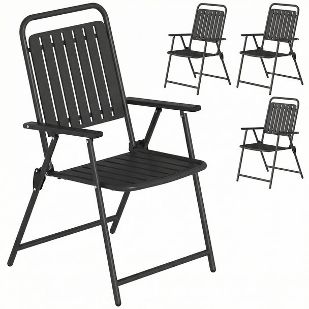 Outsunny Folding Garden Chairs, Garden Dining Chairs with Plastic Slatted Seat Back, Armrests, Steel Frame, Set of 4