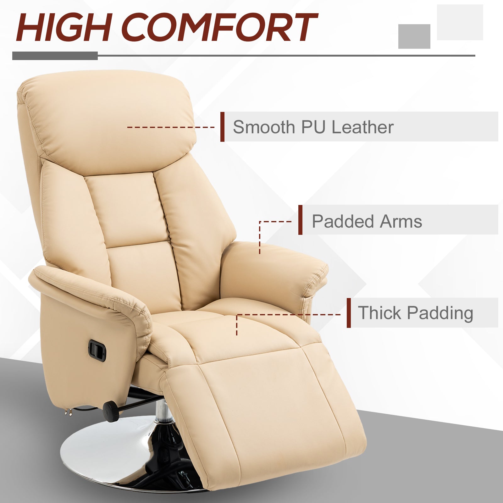 Adjustable Swivel Recliner, Manual Recliner Chair with Footrest, Padded Arms, PU Leather Upholstery, Beige
