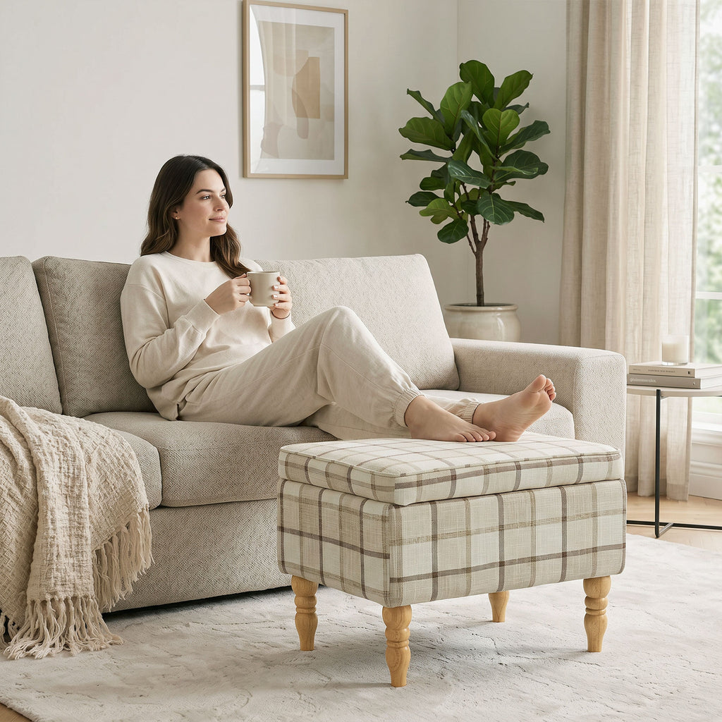 Linen Fabric Upholstered Footstool, Rectangular Storage Stool with Removable Top, Padded Seat and Hidden Space, Brown