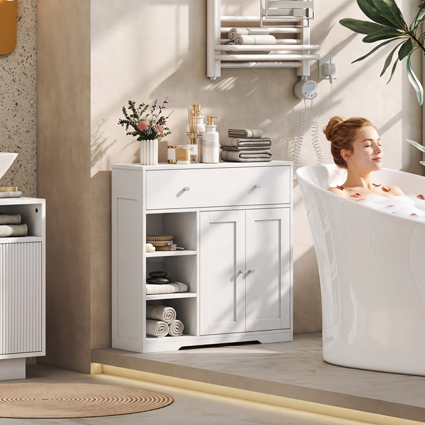 HOMCOM Bathroom Floor Cabinet, Freestanding Bathroom Cabinet with Drawer, Door, Open Shelves, White – view 2