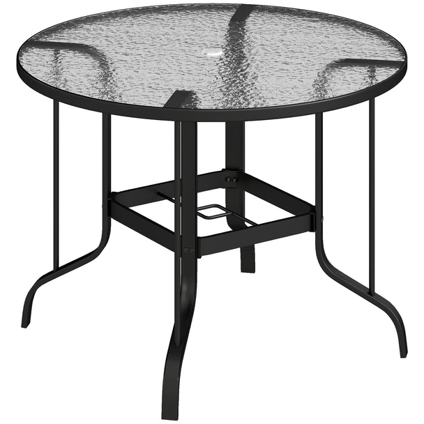 Black Ø96.5 cm round garden dining table with tempered glass top and parasol hole