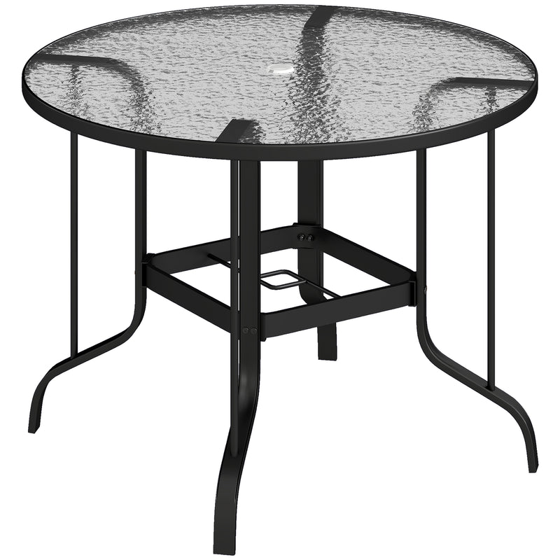Black Ø96.5 cm round garden dining table with tempered glass top and parasol hole