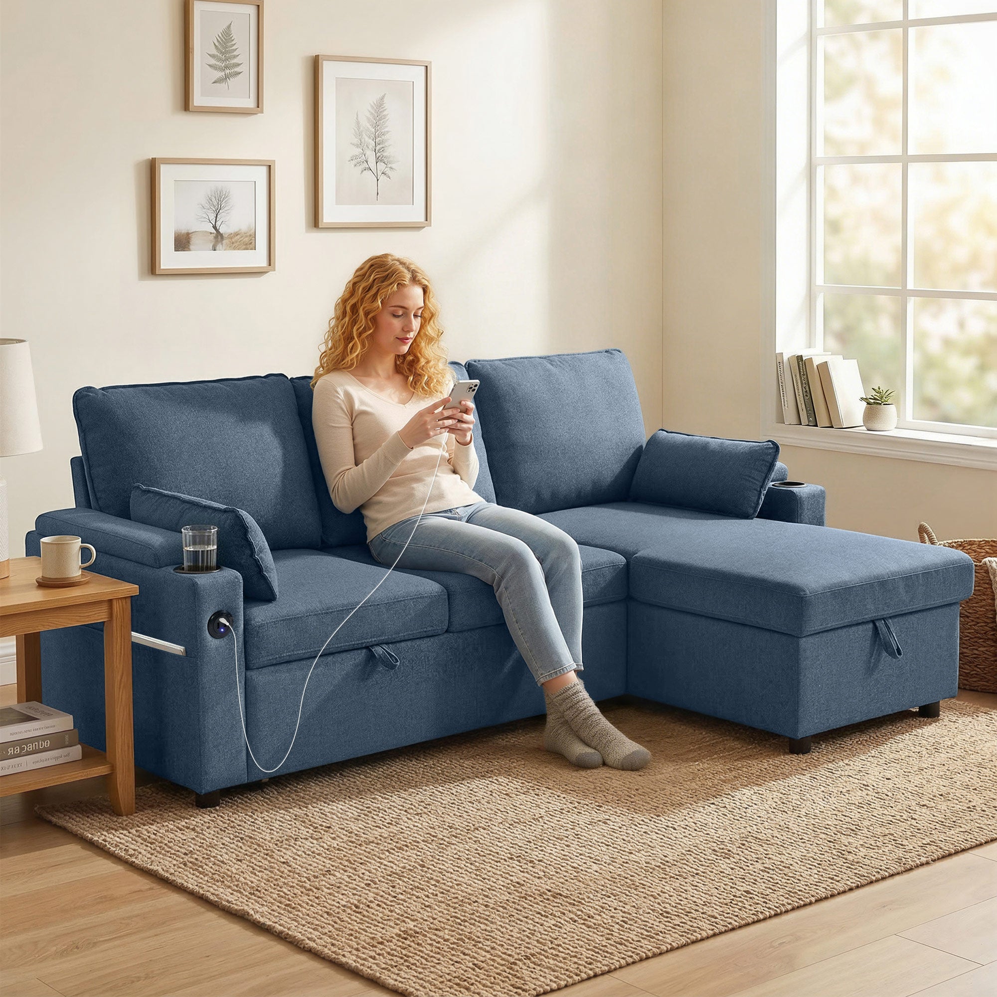 Corner Sofa Bed, L Shaped Sleeper Sectional Sofa with Reversible Storage Chaise, Blue
