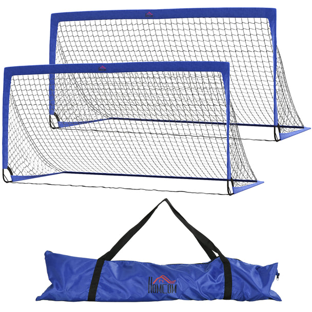 Two blue foldable 6 x 3 ft football goals with steel frames and mesh nets