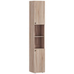 Tall slim natural bathroom cabinet with fluted doors, two cupboards and open shelves