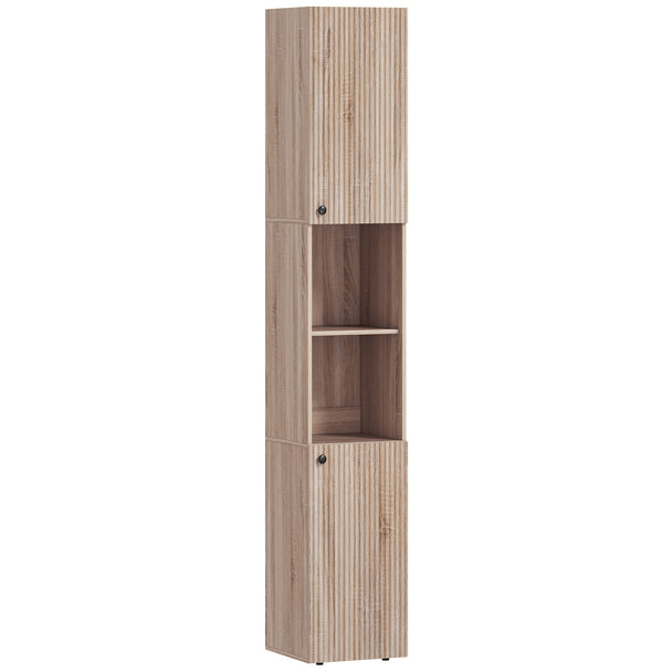 Tall slim natural bathroom cabinet with fluted doors, two cupboards and open shelves