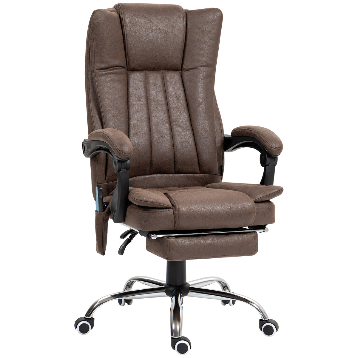 Dark brown microfibre heated massage office chair with padded armrests and pull-out footrest