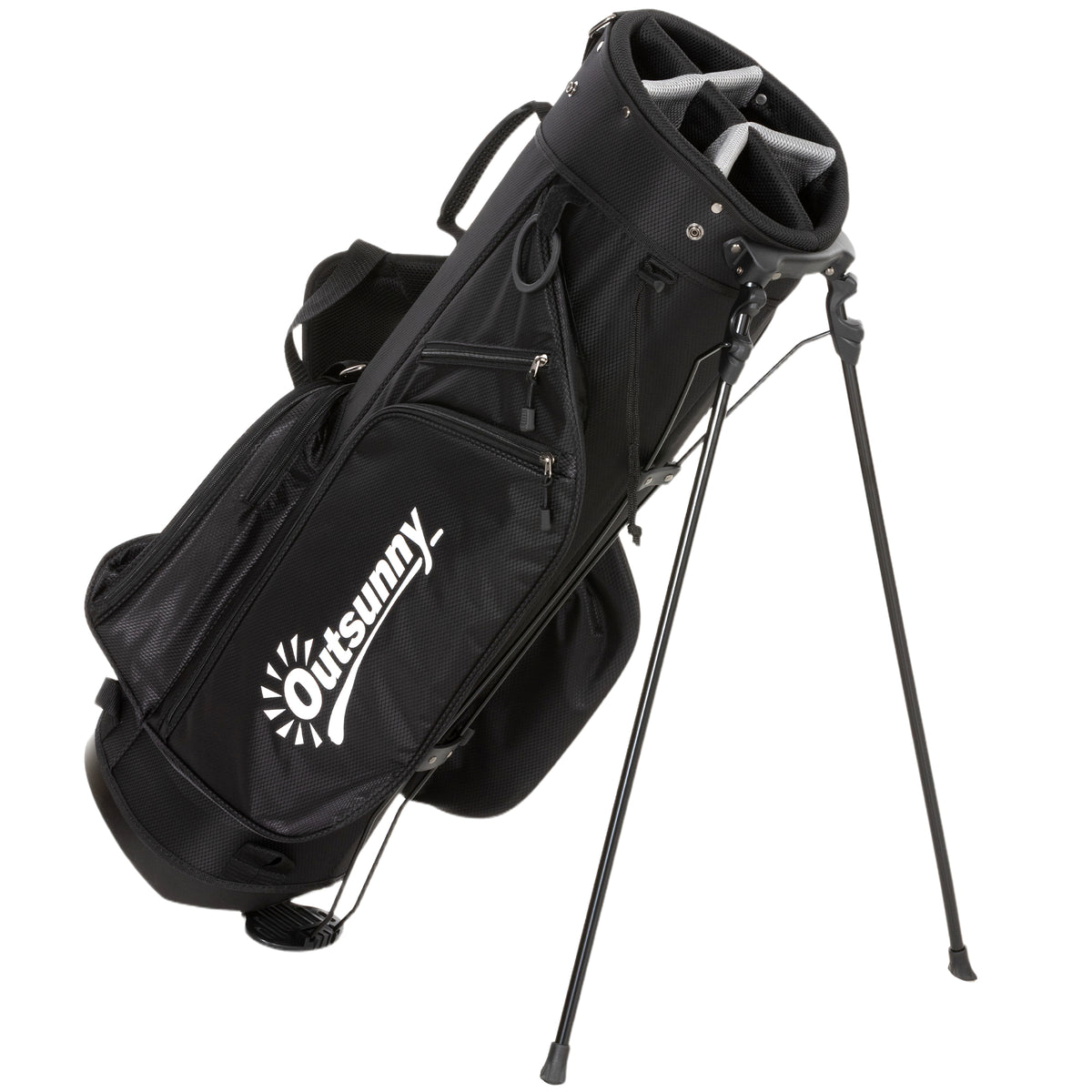 Black golf stand bag with 6-way full-length dividers, pockets and folding stand legs