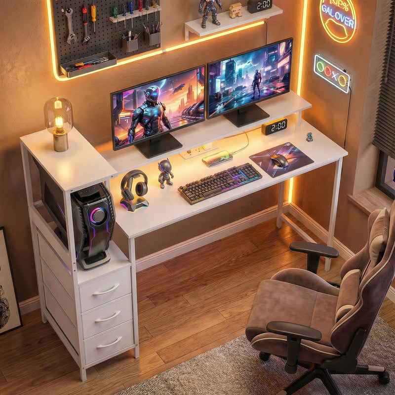 HOMCOM 147cm Gaming Desk with Charging Station and Monitor Stand, Computer Table for Home Office with RGB Lights, White – view 2