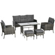 Mixed grey 6-piece rattan sofa set with armchairs, footstools and glass-top table