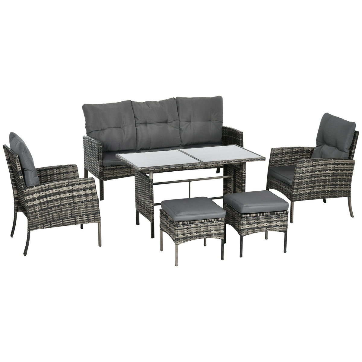 Mixed grey 6-piece rattan sofa set with armchairs, footstools and glass-top table