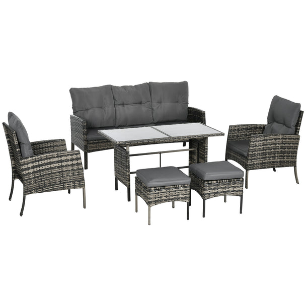 Mixed grey 6-piece rattan sofa set with armchairs, footstools and glass-top table