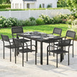 Outsunny Garden Dining Set for 6, Faux Wood Metal Outdoor Table and Stackable Chairs with Plastic Rattan Effect Seat – view 2