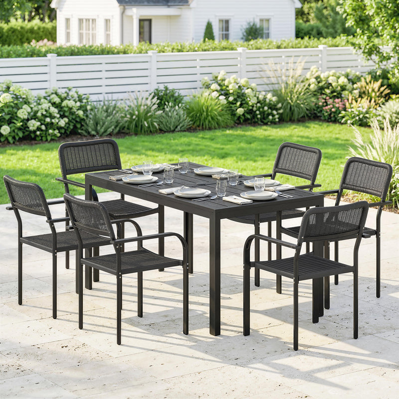 Outsunny Garden Dining Set for 6, Faux Wood Metal Outdoor Table and Stackable Chairs with Plastic Rattan Effect Seat – view 2