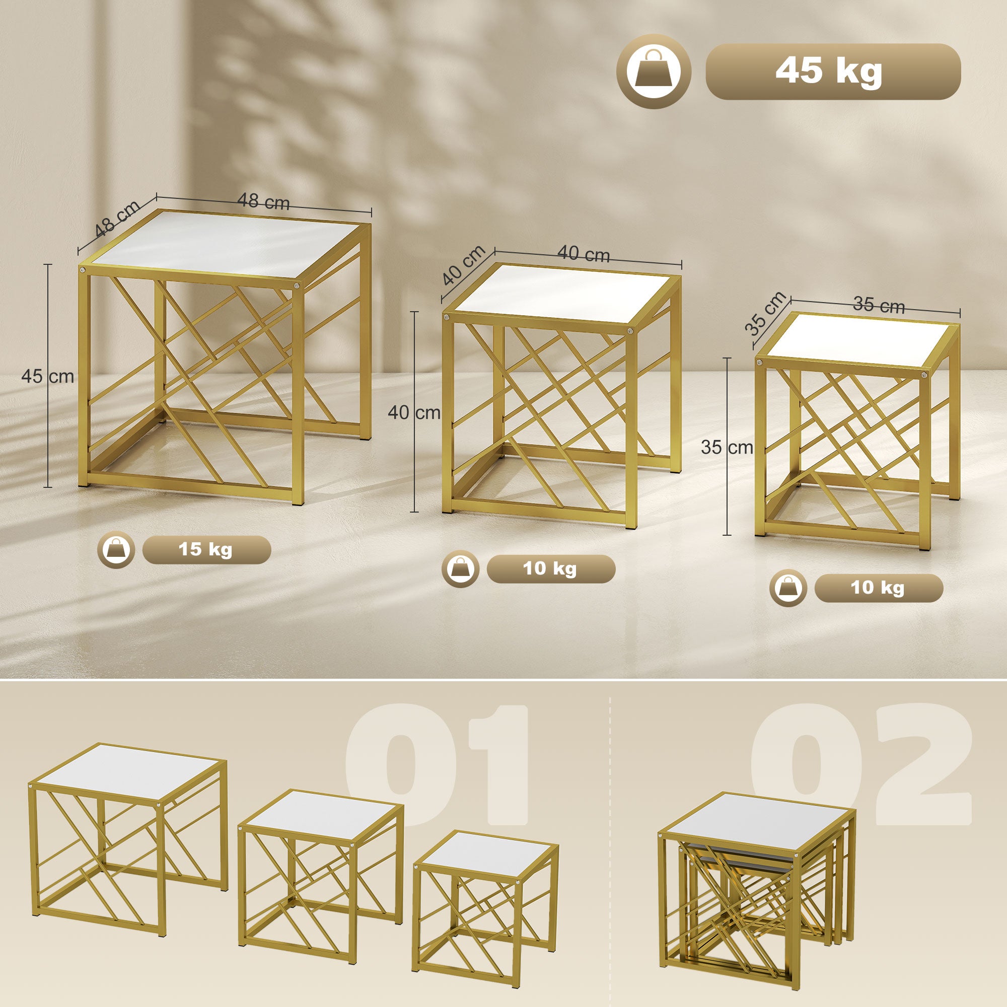 Nesting Coffee Tables, Set of 3 Square Side Tables with Gold Metal Frame, for Living Room, Bedroom and Office, White