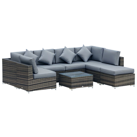 Grey 8-piece rattan corner sofa set with cushions, footstool and glass-top coffee table