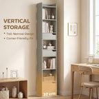 Bookcase Tall Narrow with 5 Tiers and Drawers Freestanding Bookshelf Storage Cabinet for Living Room Grey