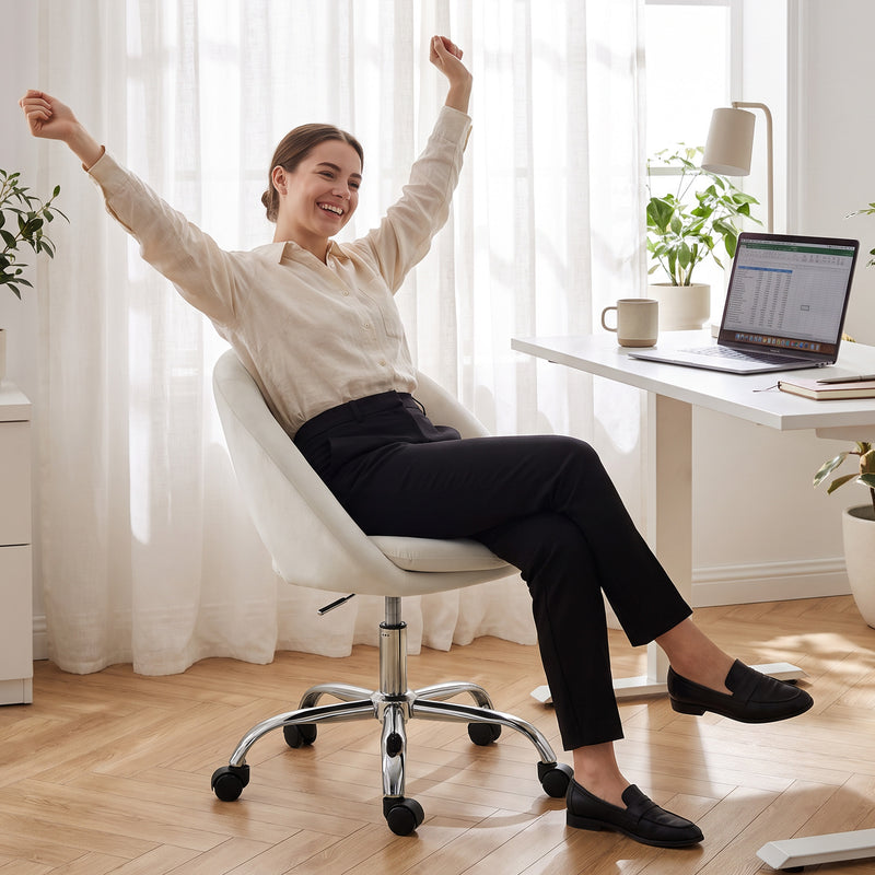 HOMCOM Velvet Desk Chair, Modern Office Chair with Height-Adjustable, Wheels, for Home Study Bedroom, Cream – view 9