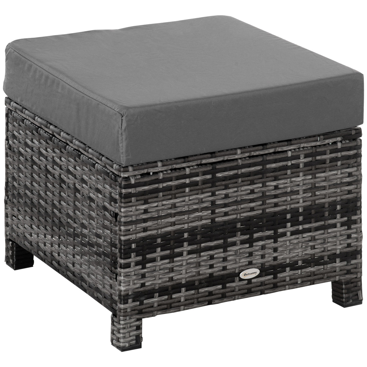 Grey rattan footstool ottoman with padded seat cushion, 50 cm square
