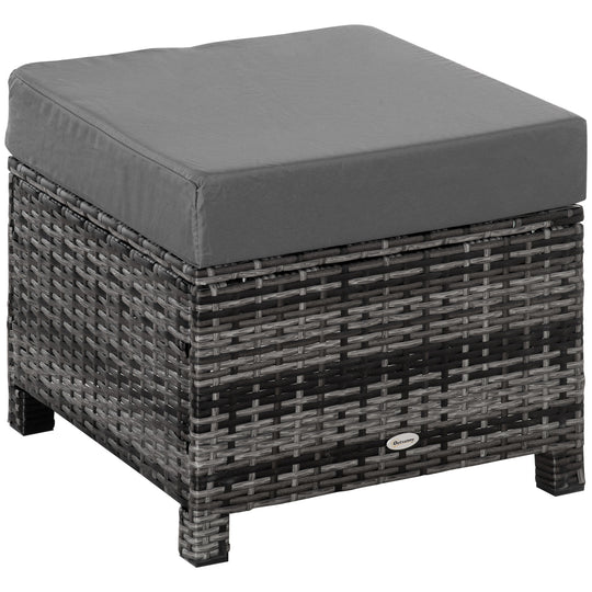 Grey rattan footstool ottoman with padded seat cushion, 50 cm square