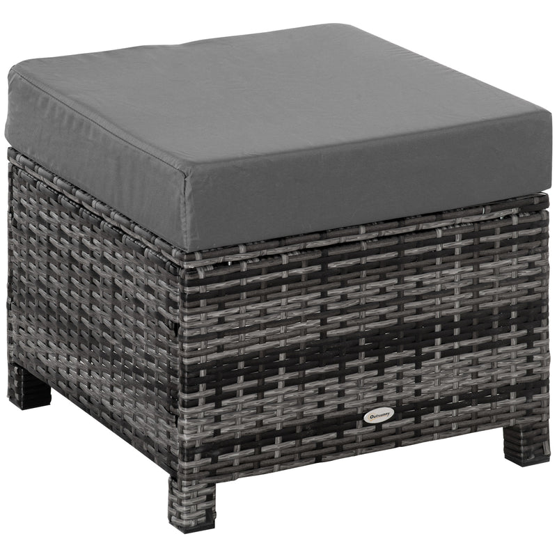 Grey rattan footstool ottoman with padded seat cushion, 50 cm square