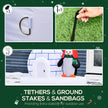 Ground stakes and tether ropes for securing the inflatable